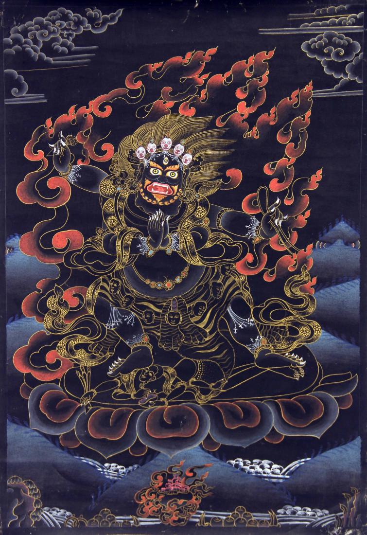 Nepalese Mahakala Thangka Painting: Item: Mahakala Thangka Origin: Nepal Size: 22.75" x 15.75" Weight: 2 lbs Material: Cotton Canvas. Please note that this lot has a confidential reserve. When you leave a bid in advance of the auction, 
