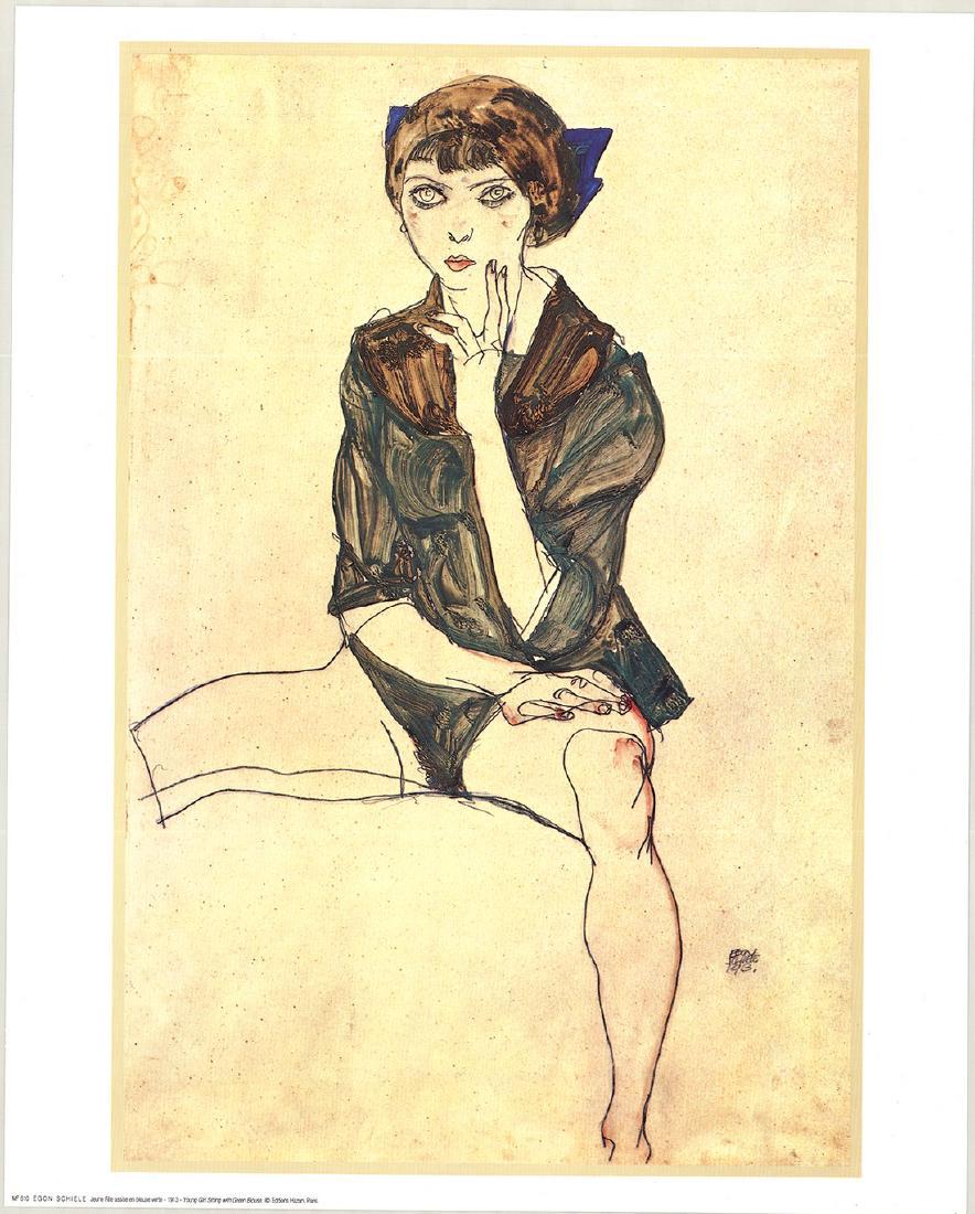 Egon Schiele Young Girl Sitting Green Blouse Lithograph: Young Girl Sitting with Green Blouse after Egon Schiele, 1968 Unsigned Offset Lithograph. Paper size is 19.75 x 15.75 inches, with an image size of 18.5 x 12.25 inches. The Offset Lithograph is from a