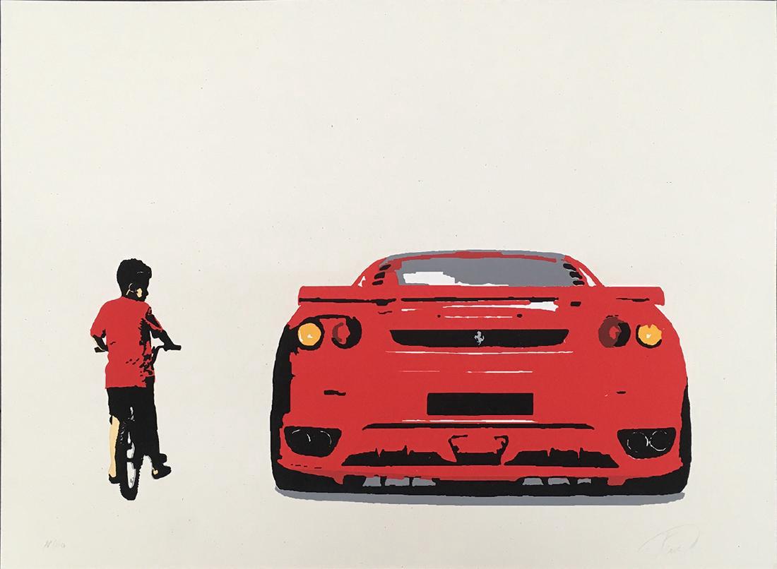 Plastic Jesus Envy Ferrari (Red) Screenprint: Plastic Jesus. Envy - Ferrari (Red). Screen print on archival paper. 24 x 18 in. AP 10/10. signed, limited edition Plastic Jesus is an anonymous street artist of British descent, labeled by the Daily