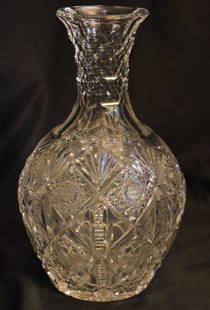 American Brilliant Period Cut Glass Navarre Carafe: American Brilliant Period Cut Glass Hawkes Navarre Water Carafe. 8.75 x 5 x 5. Early 1900's Acid mark on base; Hawkes underneath partial trefoil. Need magnifying glass to see. Please note that this