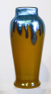 Steuben Blue Aurene and Yellow Jade Art Glass Vase: Rare Steuben Art Deco blue Aurene over yellow jade art glass vase. Shape # 8491. c. 1925. Measures 10" high. Very good condition. Item ID:RL169 Please note that this lot has a confidential reserve.