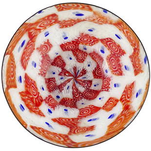 Fratelli Toso Murano Millefiori Italian Art Glass Dish: Beautiful Murano hand blown millefiori flower mosaic art glass ring dish / bowl. Documented to the Fratelli Toso company. Unusual combination and design, in red, white, and blue colors. The pieces dat