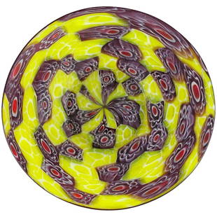 Fratelli Toso Murano Millefiori Italian Art Glass Dish: Beautiful Murano hand blown millefiori flower mosaic art glass ring dish / bowl. Documented to the Fratelli Toso company. Unusual combination and design, in red, white, purple, and yellow colors. The