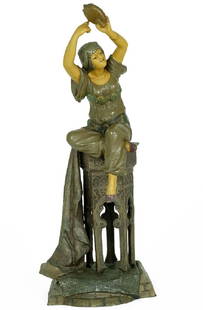 René Charles Massé, Spelter Sculpture of a Woman: René Charles Massé (1855-1913) Painted spelter 17 x 7 x 5 inches / 5.3 lbs 19th century Signed: Ch. Massé / Entitled: Chanteurs Tunisien Spelter sculpture of Tunesian female playing the tambourine