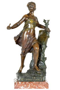 Eugéne Marioton Spelter Sculpture: Title: La ReconnaissanceYear: 1890sMaterial: Spelter on marble baseDimensions: 22 x 12 x 8 inchesWeight: 19.8 lbsSigned: Eug. MariotonText on sculpture: La Reconnaissance est le souvenir du bienfait