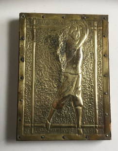 Hand Hammered Brass Plaque of Golfer 1940: Hand Hammered Brass Plaque of Golfer. Original old Finnish. Tacked on to old heavy plywood. C1940s. 5 1/4” by 3 3/4” Please note that this lot has a confidential reserve. When you leave a bid in