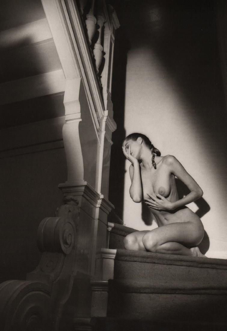 JEANLOUP SIEFF - Nude on Stairs: Artist: JEANLOUP SIEFF Print Title: Nude on Stairs Medium: Glossy PhotoLithograph Poster Printing Date: 1992 Printer: Taschen (German printers) Image Size: 12" x 16.5" Jeanloup Sieff (1933-2000) was a