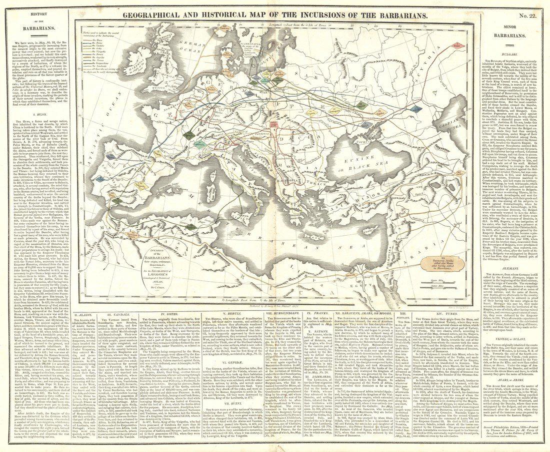 Antique Map of the Incursions of the Barbarians, 1820: Map: Geographical and Historical Map of the Incursions of the Barbarians. Publication Date: 1820 Authors: THOM. H. PALMER, FOR M. CAREY & SON, GROS, C. Publisher: THOM. H. PALMER, FOR M. CAREY & SON S