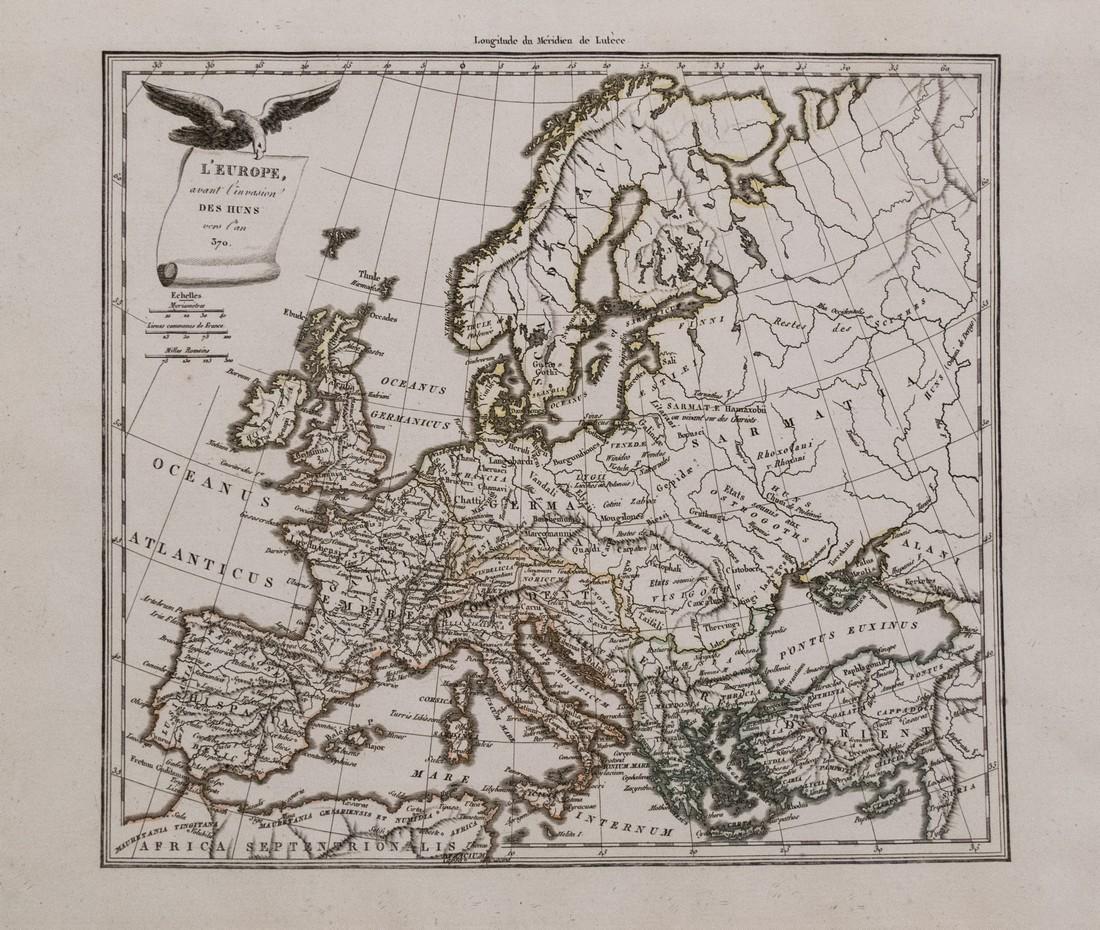 Malte-Brun: Map of Europe during Hun invasion in 370: Map: 1812 Malte-Brun Map of Europe during the Hun invasion in 370 -- L'Europe avant l'invasion des Huns vers l'an 370 Date Printed: 1812, Paris Cartographer: M Malte-Brun Size: 8.7 X 11.7 in. Conditio