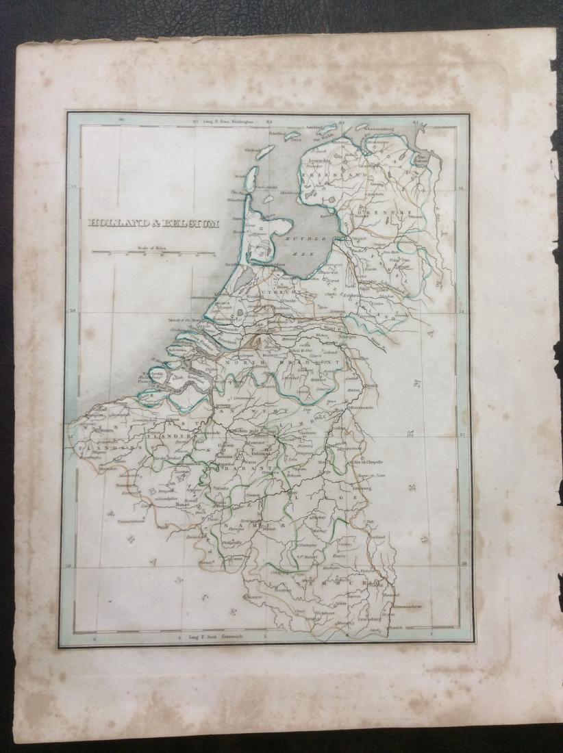 Bradford: Antique Map of Holland & Belgium, 1835: Map: Holland & Belgium Date Printed: 1835 Cartographer: T.G. Bradford Material/Medium: Paper Size: 10" x 13" Condition: Very Good. Foxing on edges. One of the earliest Maps of the region. Hand colored