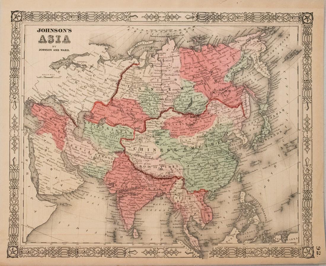 Johnson: Antique Map of Asia, 1864: Map: 1864 Johnson Map of Asia -- Johnson's Asia Date Printed: 1864, New York Cartographer: Johnson & Ward Size: 12.5 x 15.5 in. Condition: Good overall. A 1.5 in. split (likely caused by a finger) tha