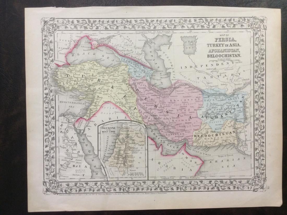 Mitchell: Antique Map of Perisa Turkey Afghanistan 1869: Map: Perisa, Turkey & Afghanistan Date Printed: 1869 Cartographer: Augustus S. Mitchell Material/Medium: Paper Size: 15" x 12" Condition: Excellent Hand colored copperplate engraved. Published in Phil