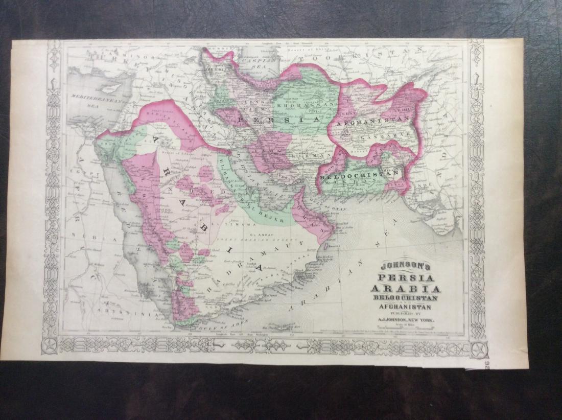 Johnson: Antique Map of Persia & Arabia, 1868: Map: Johnson's Persia and Arabia Date Printed: 1868 Cartographer: A. J. Johnson Material/Medium: Paper Size: 18" x 11 1/2" Condition: Excellent Hand colored, copperplate engraved. Published in New Yor