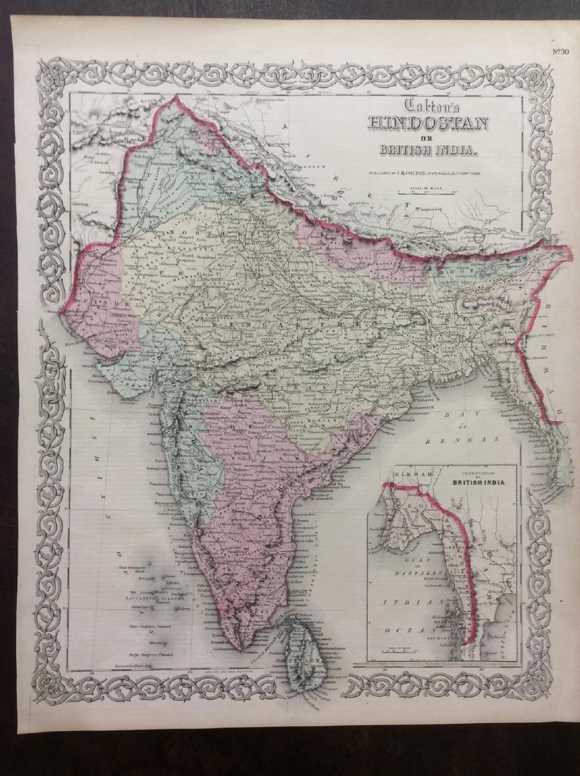 Colton: Antique Map of Hindostan or British India, 1861: Map: Colton's Hindostan or British India Date Printed: 1861 Cartographer: J. H. Colton Material/Medium: Paper Size: 17 1/4" x 14" Condition: Excellent Hand colored, steel engraved. Printed in New York