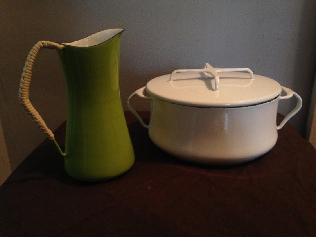Midcentury Modern Dansk Pot and Pitcher: Jens Harold Quistgaard Kobenstyle pot and pitcher 1960's Enameled metal Dansk Kobenstyle Rare apple green pitcher with early "four ducks" mark, Denmark,with white dutch oven(France). Please not