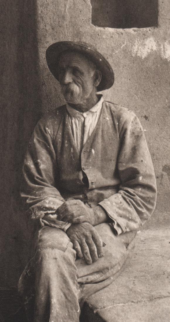 ALFRED STIEGLITZ - Italian Mason, Bellagio, 1887: Artist: ALFRED STIEGLITZ Print Title: Italian Mason, Bellagio, 1887 Medium: Duotone Engraving Printed USA Printing Date: 1983 Image Size: 3.5" x 6.25" Alfred Stieglitz (1864-1946) was a prominent Amer