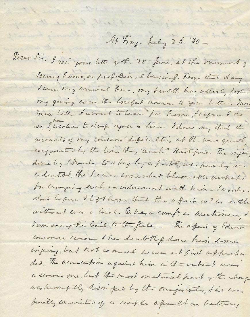 1830 Troy New York Letter Regarding Sexual Assault (1 of 3)