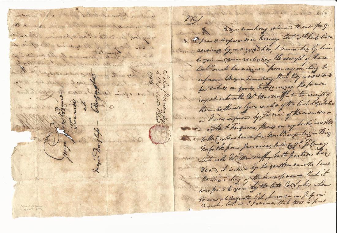 1786 Manuscript Letter George Berrien Savannah: A three page letter datelined Savannah, 1st of December 1786 of John Berrien, Esquire to George Jones(?) at Augusta, Treasurer, with reference to Treasury certificate issued to a Major Armstrong. Also