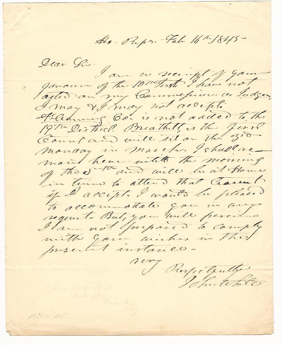 Autographed Letter Signed by John White Kentucky: An autographed letter signed by John White (1805-1845) from Kentucky, Speaker of the House of Representatives, and member of the Whig party. He committed suicide. One page, fine condition, measures 8