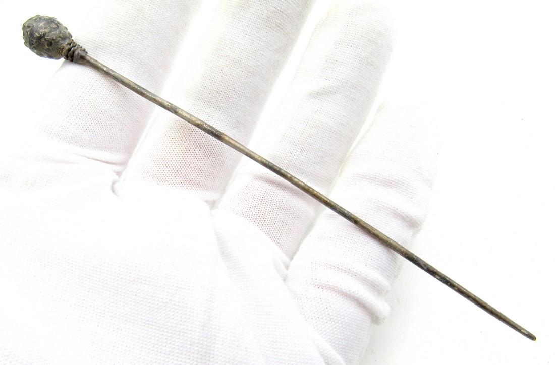 Silver Cloth Pin with Decorated Orb: Date: ca. 1500 AD Material: Silver Dimensions: 119mm - 3.5grams Provenance/Additional Information: Obtained from an old British collection; Acquired at L.C.F. (London) Tudor Period Silver Cloth Pin wi