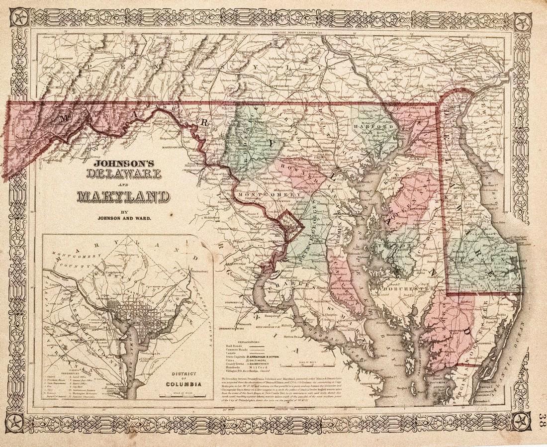 Johnson: Antique Map of Delaware & Maryland, 1864: Title/Content of Map: 1864 Johnson Map of Delaware and Maryland -- Johnson's Deleware and Maryland Date Printed: 1864 New York Cartographer: Johnson & Ward Size: 12.5 x 15.75 in. Condition: Very Good.