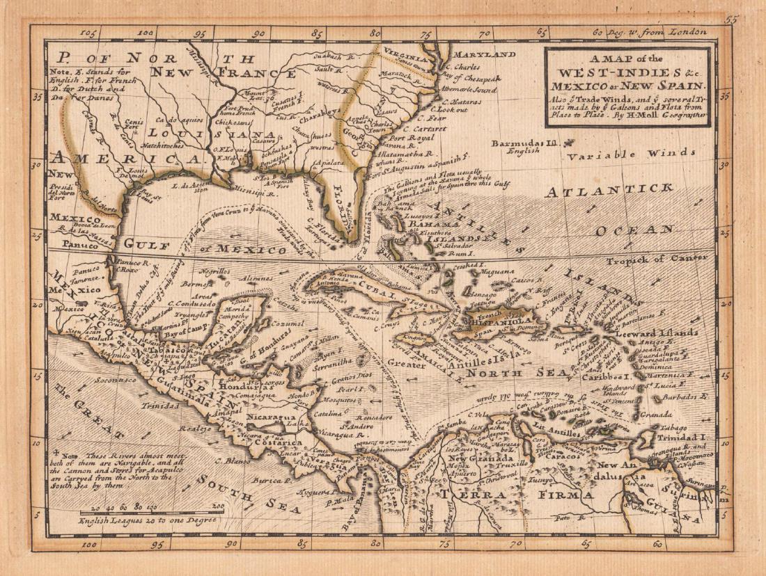Moll: Antique Map of West Indies & New Spain, 1729: Map: A Map of the West-Indies &c Mexico or New Spain Cartographer: Herman Moll Place & Date: London / 1729 Size: 10 3/8" x 7 3/4" Condition: Outline color; overall age toning; margins browned Moll's f