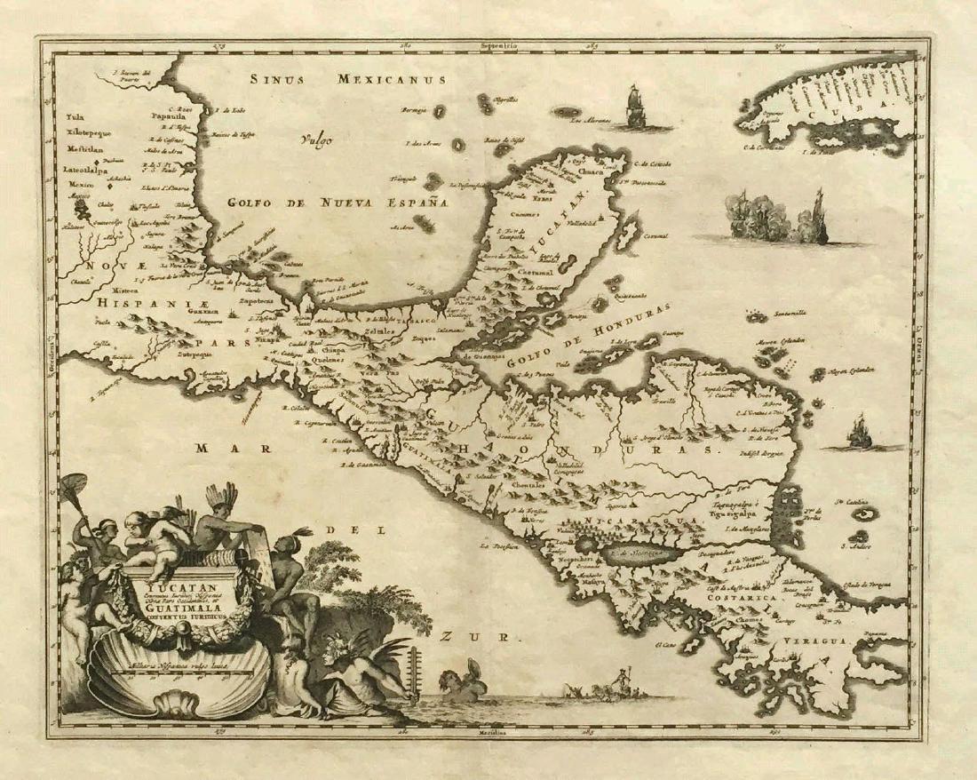 Montanus / Ogilby: Antique Map of Central America, 1671: Map: Yucatan . . . et Guatimala Cartographer: Montanus / Ogilby Place & Date: Amsterdam / 1671 Size: 14 1/4" x 11 1/4" Condition: b&w; overall age toning and some spotting The detailed map of southeas