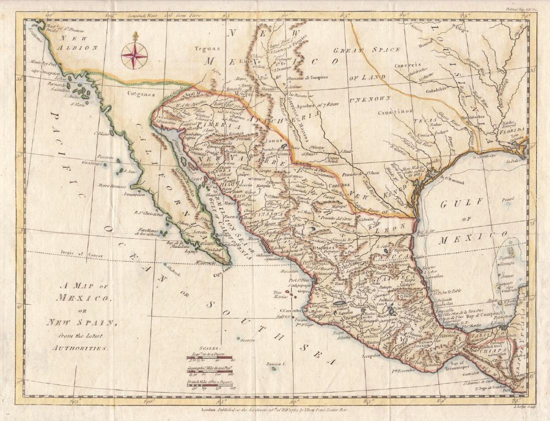 Lodge: Antique Map of Mexico or New Spain, 1782: Map: A Map of Mexico or New Spain, from the latest Authorities Cartographer: John Lodge Place & Date: London / 1782 Size: 14 1/4" x 10 3/4" Condition: outline color; overall age toning; folded as issu