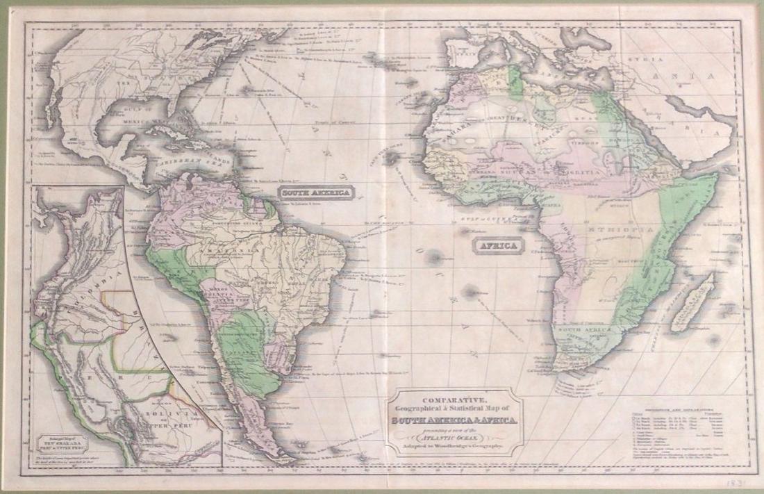 Woodbridge's Antique Map of South America & Africa 1831: 1831 map of South America & Africa for Woodbridge's Geography, hand colored engraving. A hand colored engraved map of South America and Africa printed in 1831 for Woodbridge's Geography atlas. The ful