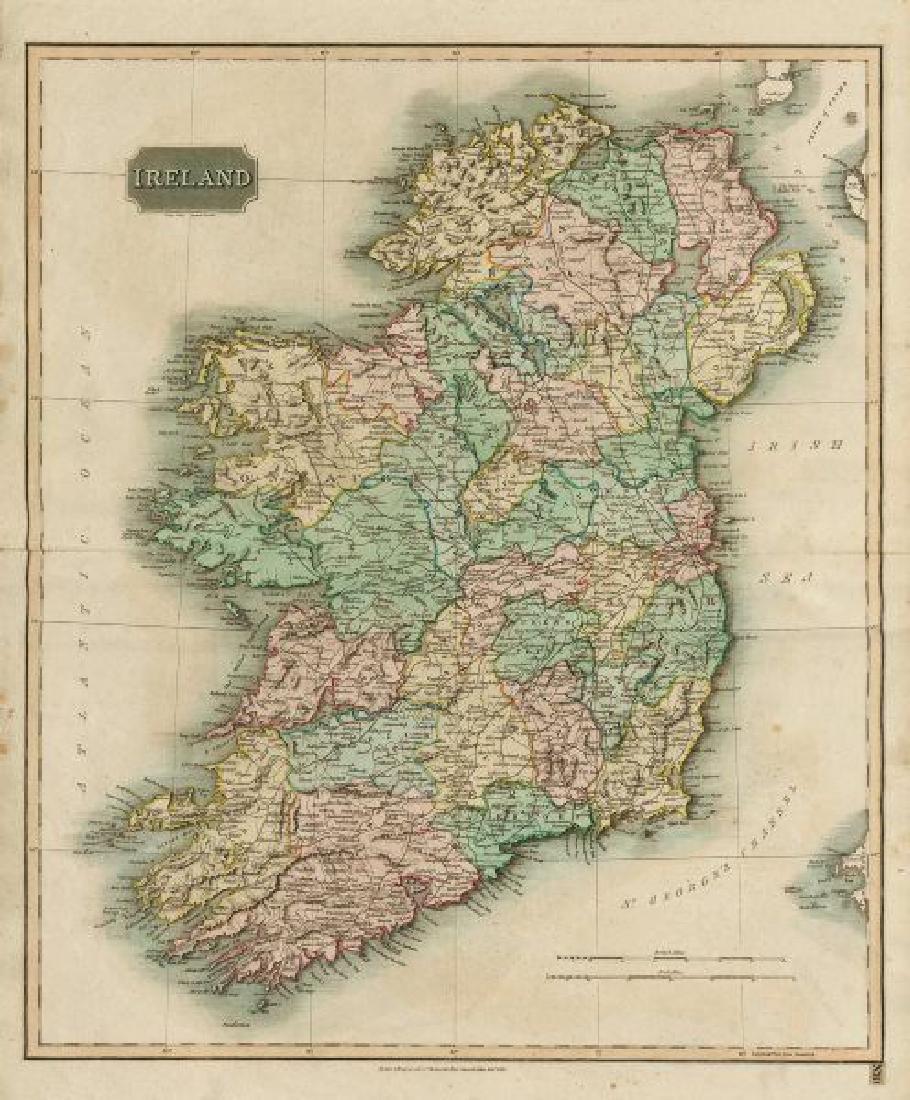 Thomson: Antique Map of Ireland, 1817: Title/Content of Map: Ireland by John Thomson. Coach roads 1817 old antique vintage map plan chart. This map is folding hence the centrefold line may show on the image below Date Printed: 1817 Image S