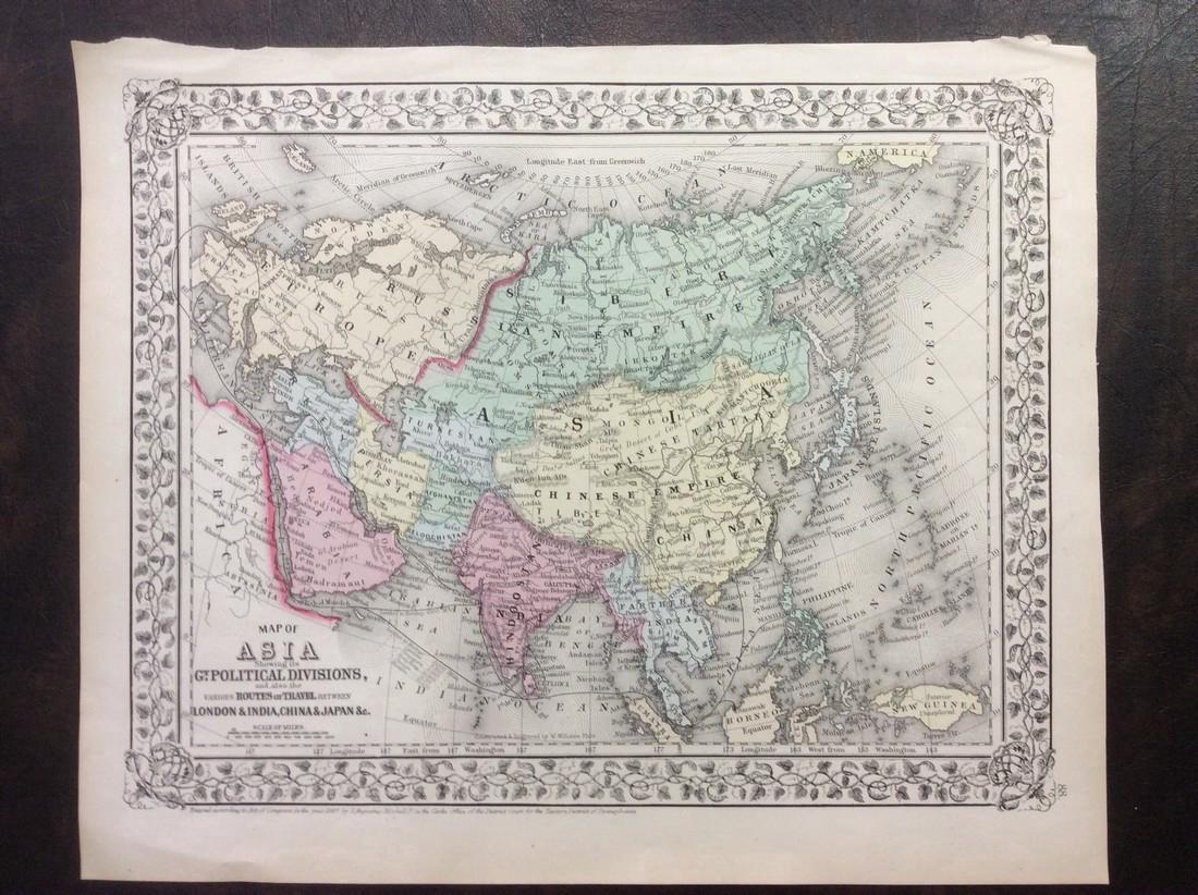 Mitchell: Antique Map of Asia, 1869: Map: Asia showing its geographical divisions Date Printed: 1869 Cartographer: Augustus S. Mitchell Material/Medium: Paper Size: 15" x 12" Condition: Excellent Hand colored engraved Map. Published in P