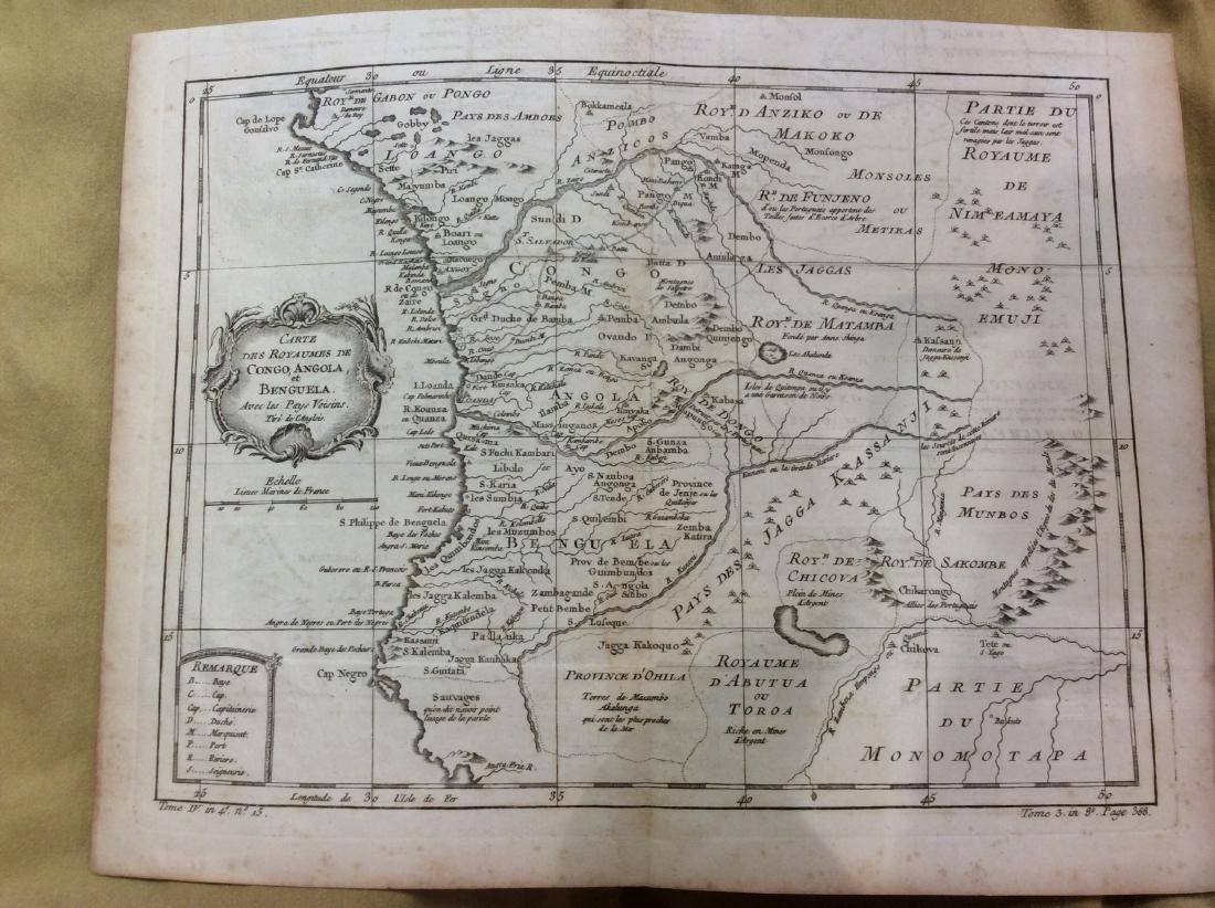 Bellin: Antique Map of Angola and Congo, 1750: Map: Angola and Congo Date Printed: 1750-60's Cartographer: Jacques Nicholas Bellin Material/Medium: Paper Size: 14" x 11" Copperplate engraving. Double Page Maps. From the Atlas De L'Histoire General