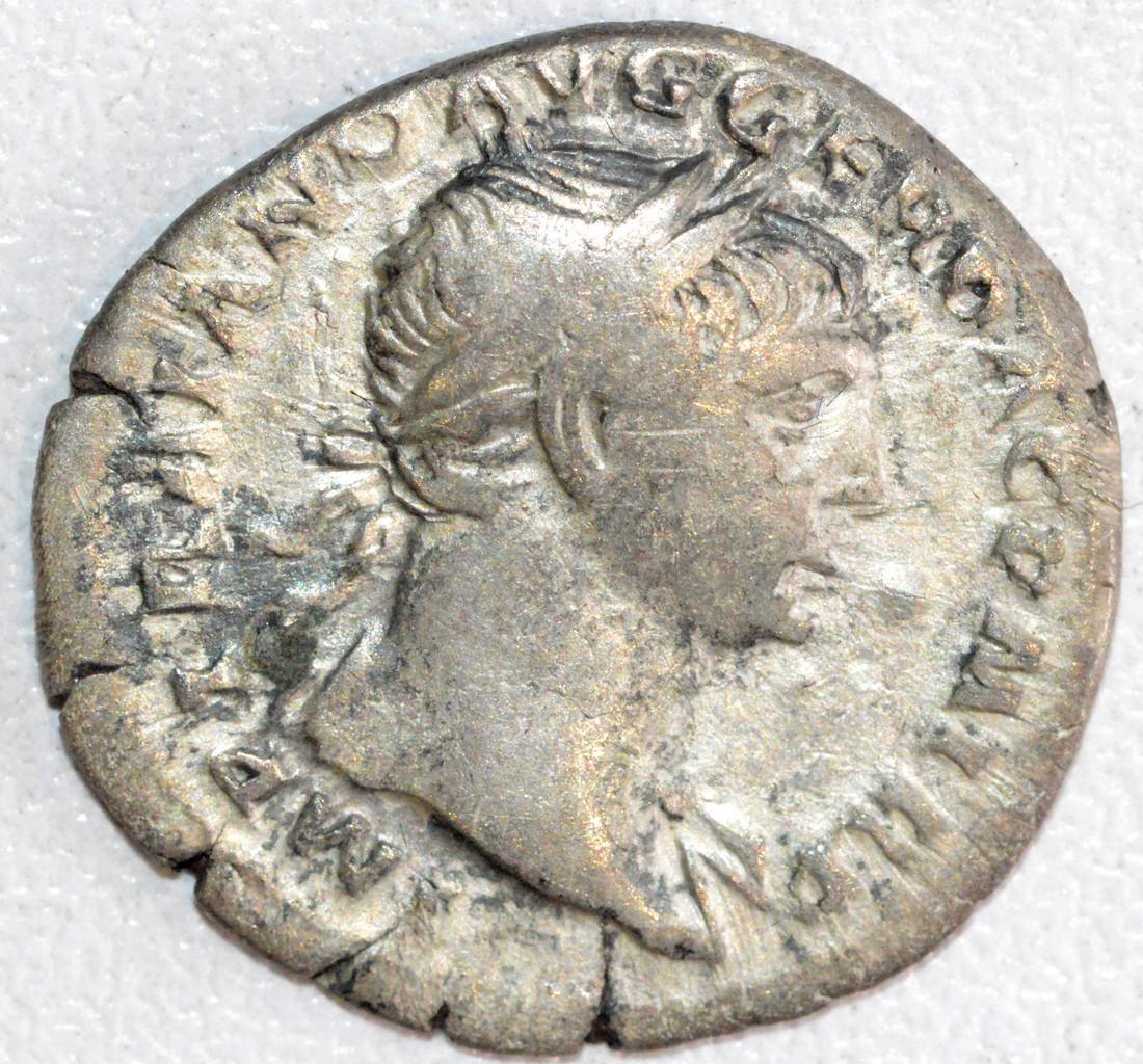 Ancient Roman Silver Denarius of Emperor Trajan, Rv. (1 of 2)