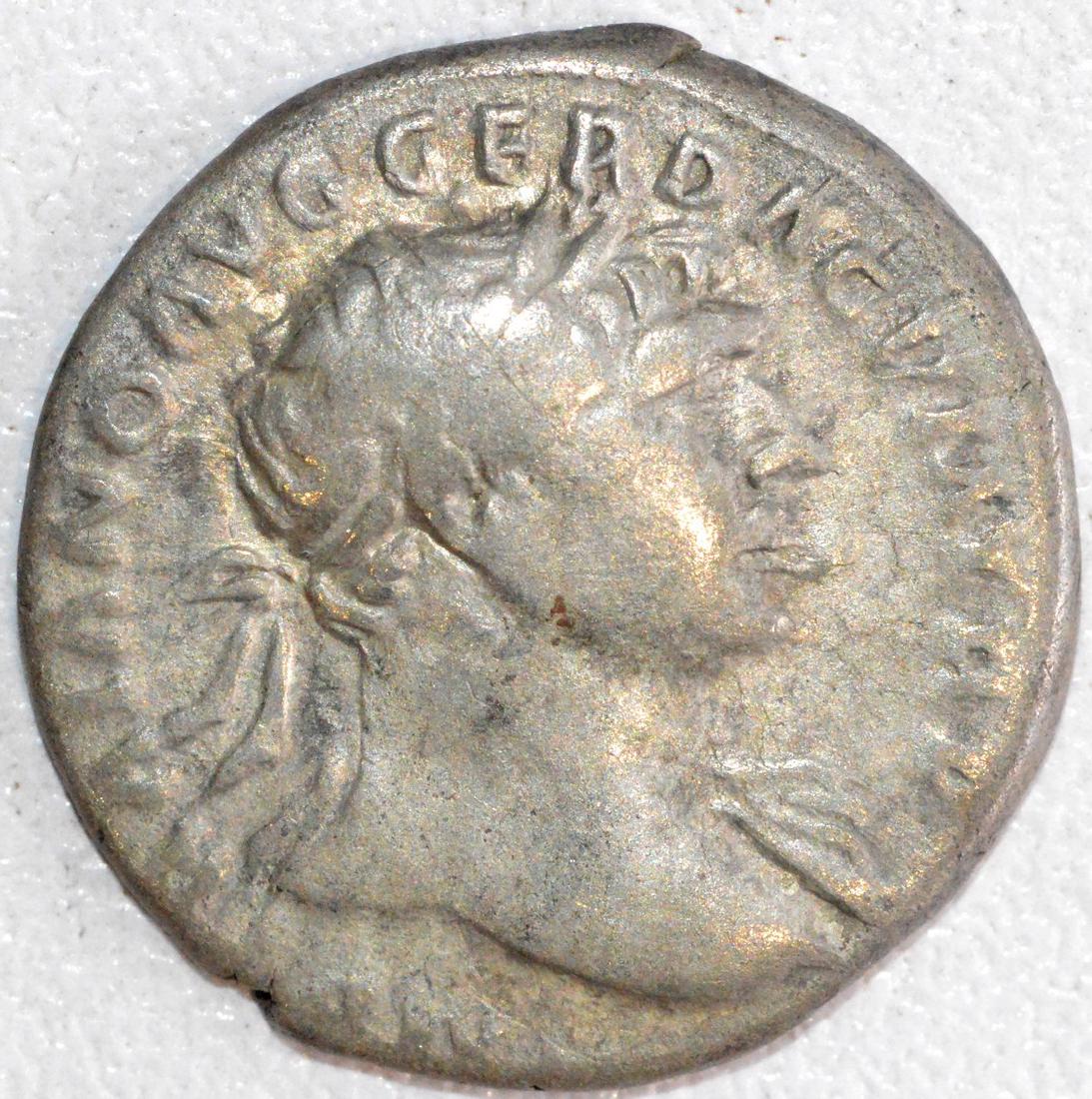 Ancient Roman Silver Denarius of Emperor Trajan, Rv. (1 of 2)