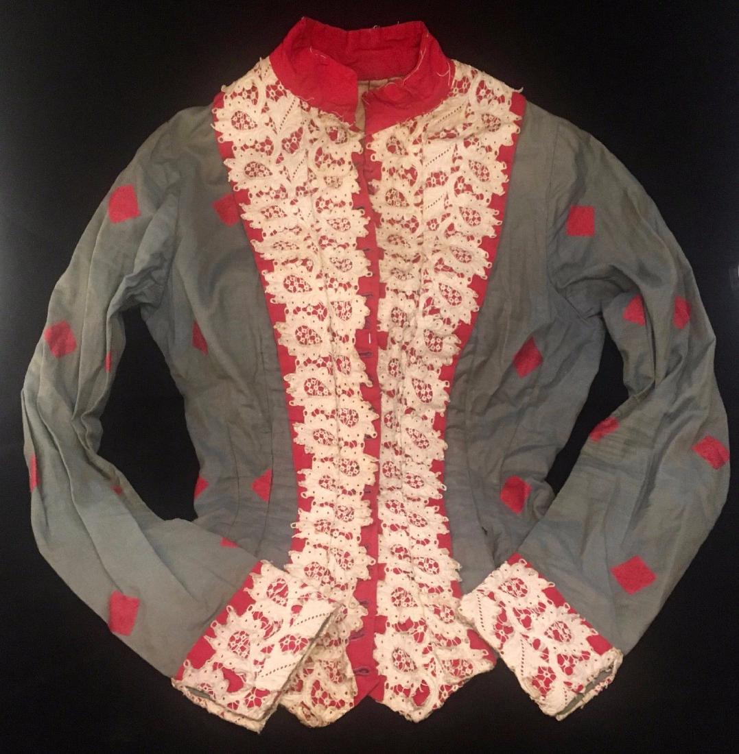 Antique 1870 Civil War Era Red White Blue Cotton Blouse (1 of 6)