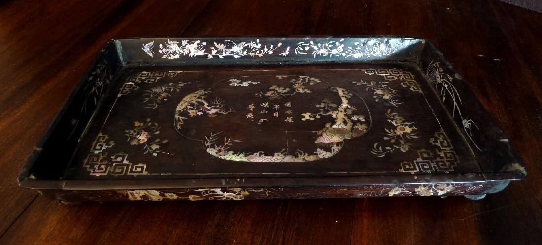Antique Vietnamese Wooden Tray Mother of Pearl Inlaid: VIETNAMESE LATE 19TH CENTURY / Wooden tray hand carved with mother of pearl inlaid. LENGTH: 12 inches WIDTH: 3 inches Please note that this lot has a confidential reserve. When you leave a bid in adva