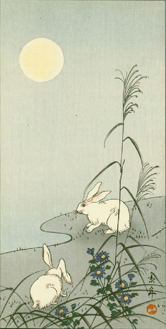 Imao Keinen Woodblock Two Rabbits Moonlight (1 of 2)