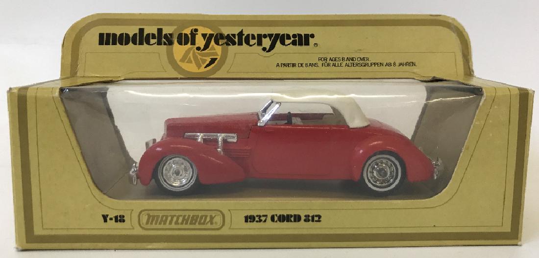 Vintage MATCHBOX LESNEY Models of Yesteryear 1937 Cord: Vintage MATCHBOX LESNEY Models of Yesteryear 1937 Cord 812 - Y18 (Y18-1-5), bright red body, bonnet, chassis and base, pure white seats and hood, solid chrome wheels, scarce issue, 1:35 scale, copyrig