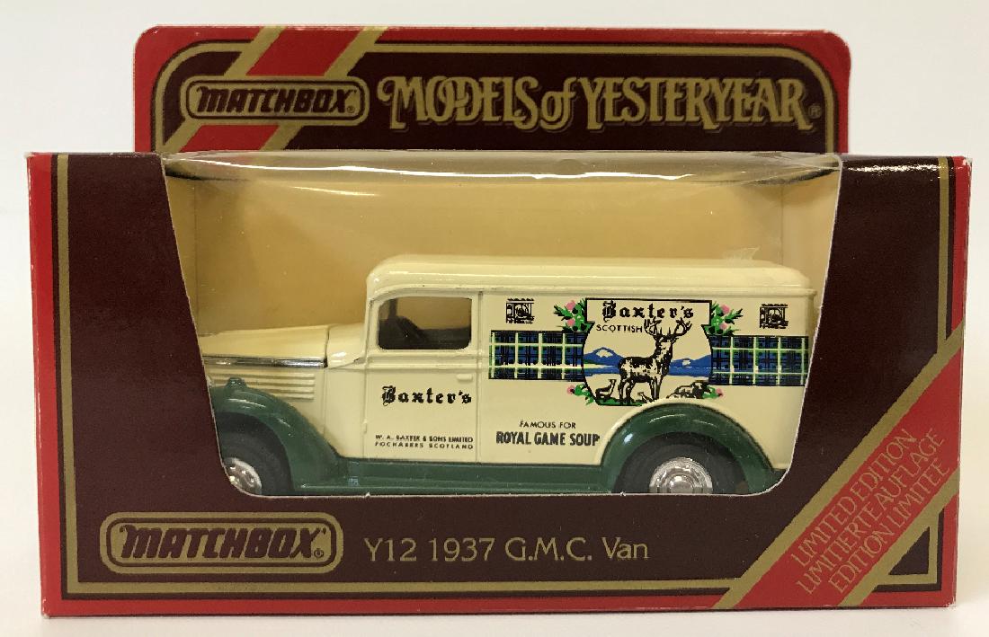 Vintage MATCHBOX LESNEY Models of Yesteryear Y12 1937: Vintage MATCHBOX LESNEY Models of Yesteryear 1937 GMC Van, Baxters - Y12 (Y12-5-1), cream body and roof, green chassis, acorn shaped headlights, like new condition in original type J box, box has some