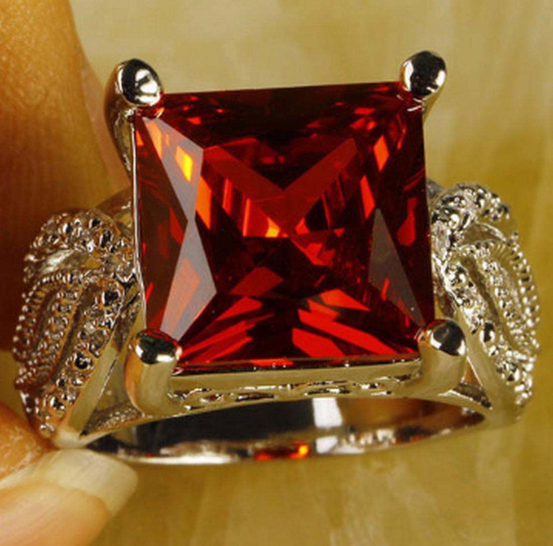 Silver Plated Square Cut Garnet Ring (1 of 1)