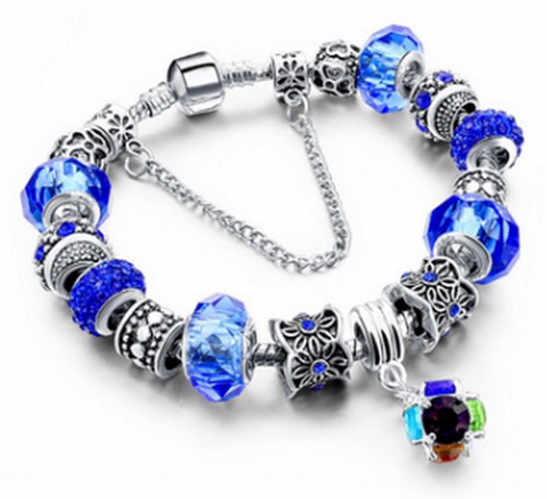 Silver Plated Pandora Style Blue Murano Charm Bracelet (1 of 1)
