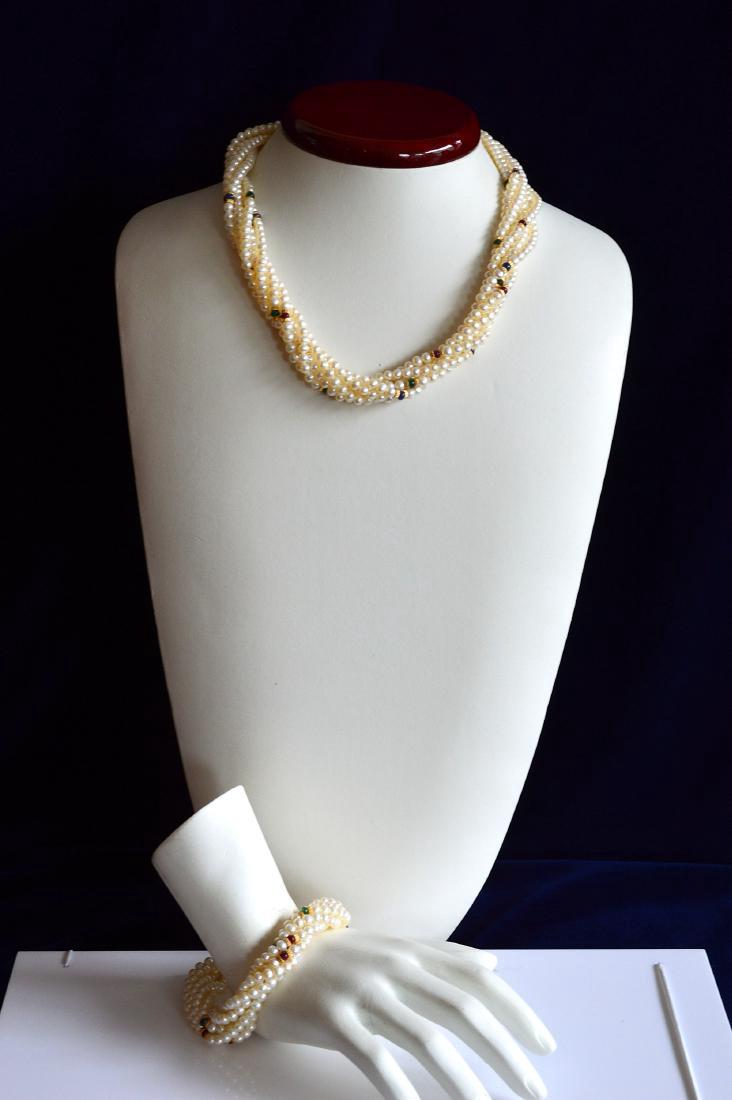 14K Gold Multi-Strand Pearl Necklace & Bracelet Set (1 of 5)
