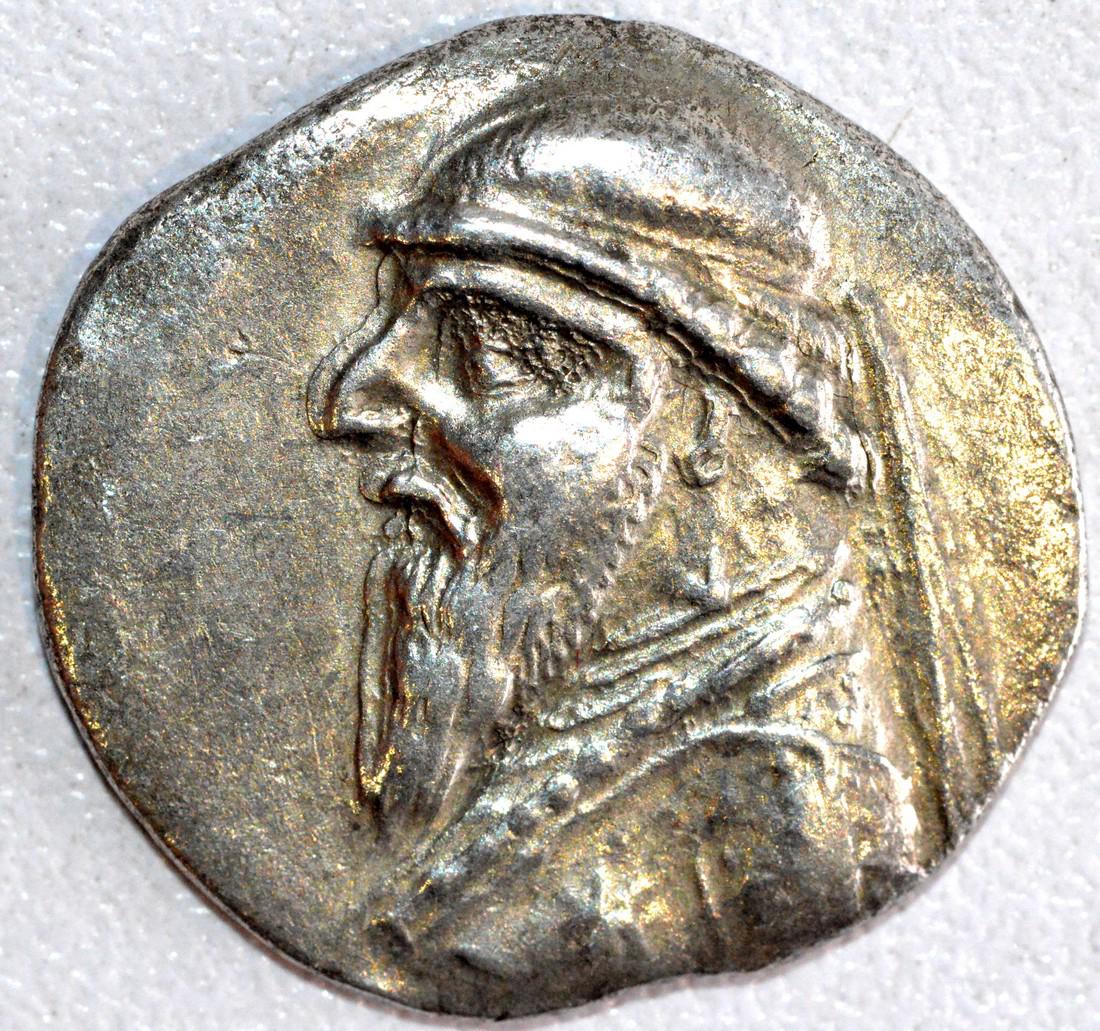 Parthia, Mithradates II. 121-91 BC. AR Drachm: Date: 121 - 91 BC Materials: Silver Dimensions: 20mm; 4 grams Provenance/Additional Information: From an old British collection, property of a London collector, acquired on British and European art ma