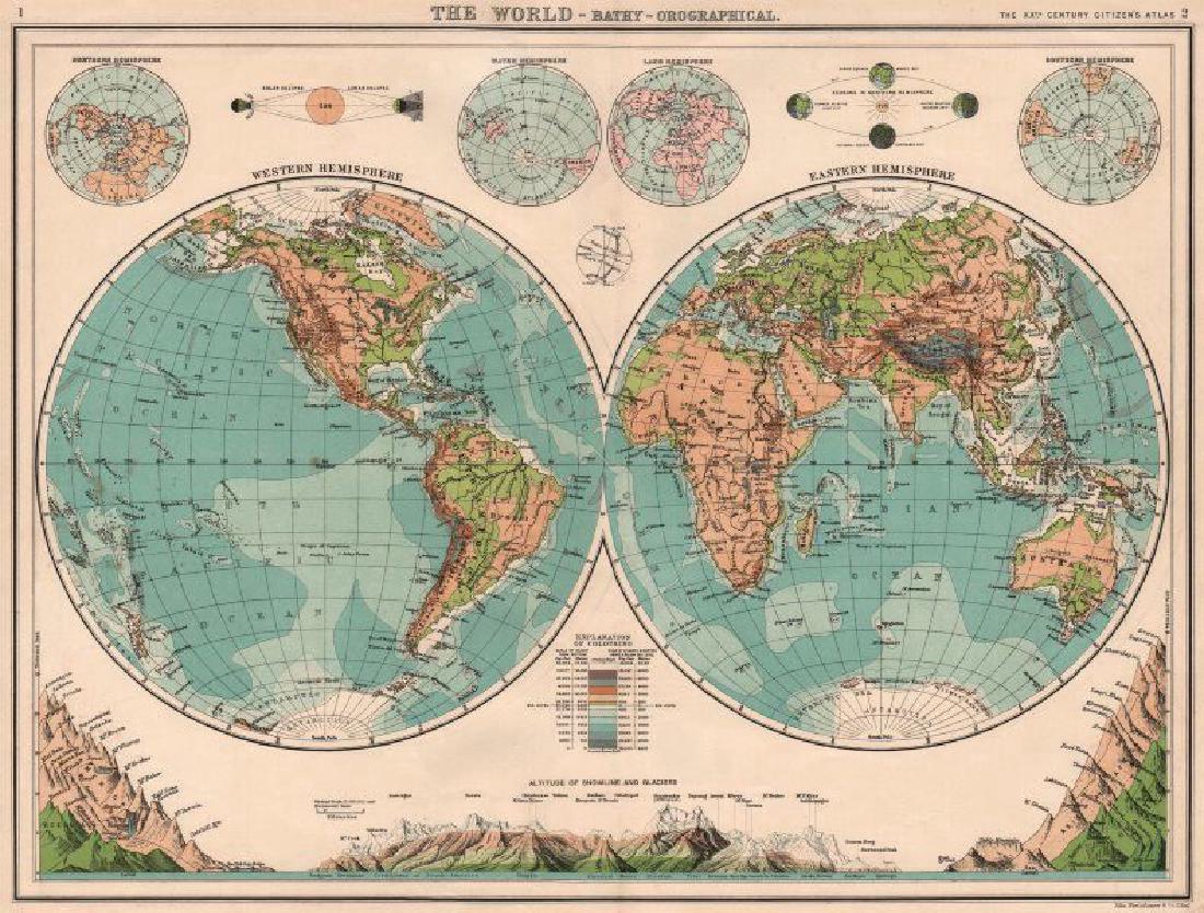 Bartholomew: Antique Map of World in Hemispheres, 1901 (1 of 2)
