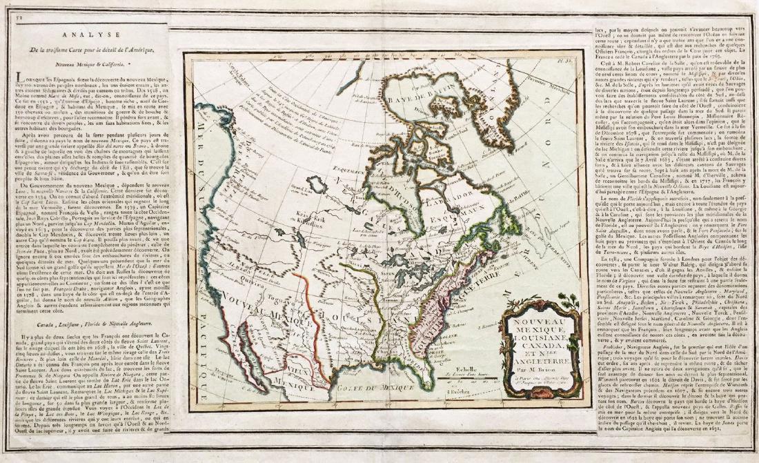 Brion de la Tour: Antique Map of North America, 1766: Map: Nouveau Mexique, Louisiane, Canada, et Nlle. Angleterre Cartographer: Brion de la Tour Place & Date: Paris / 1766 Size: 19" x 11" Condition: outline color; light overall age toning The highly det