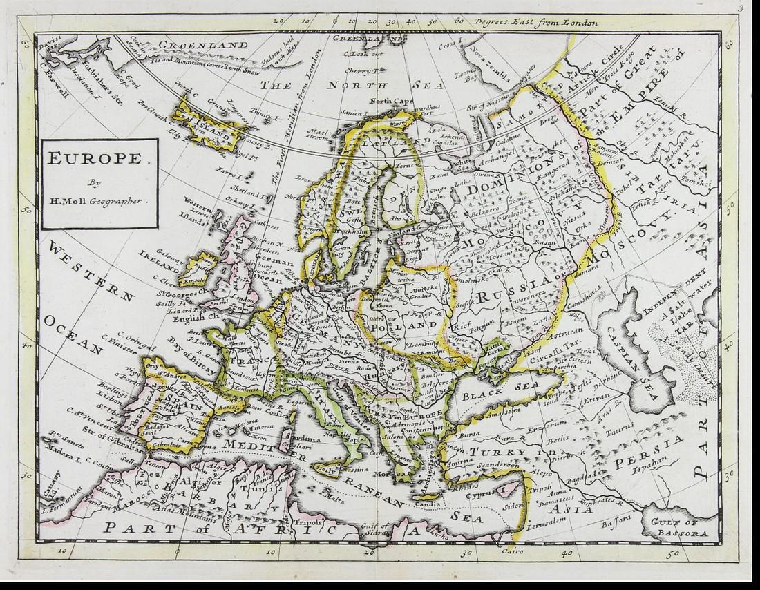 Moll: Antique Map of Europe & the Near East. 1736: Map: Antique map of Europe and the Near East. 1736 Date Printed: 1736 Cartographer: Moll, Herman Size: 10 x 8 inches Outline hand color Condition: Very Good. Strong impression and platemark. On chain-
