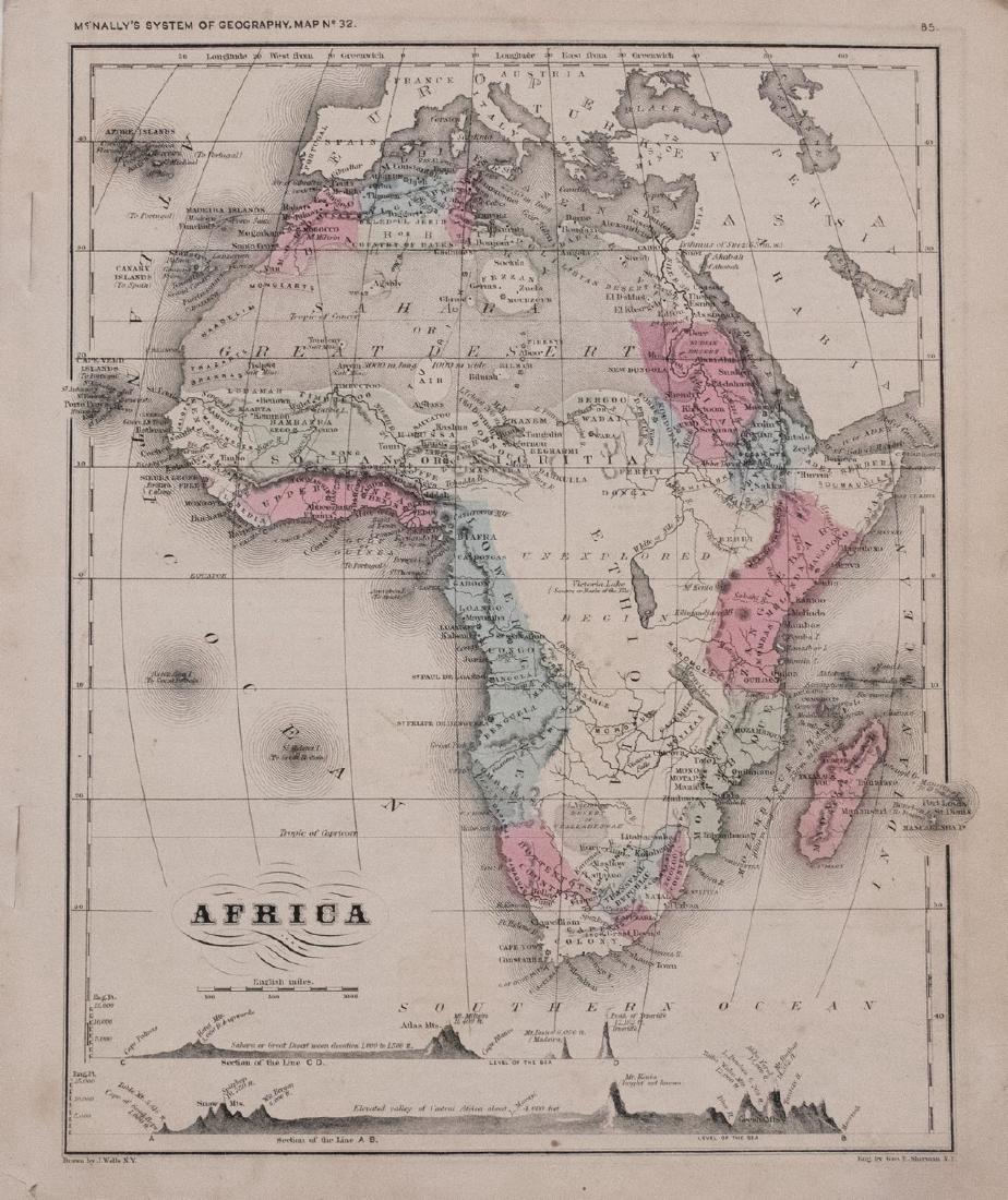McNally: Antique Map of Africa, 1866: Map: 1866 McNally Map of Africa -- Africa Date/Place: 1866 Chicago Cartographer: M McNally Size: 10.8 x 8.5 in. Condition: Very Good. Clear imression, nice coloring. Slight toning. A very nice and inf