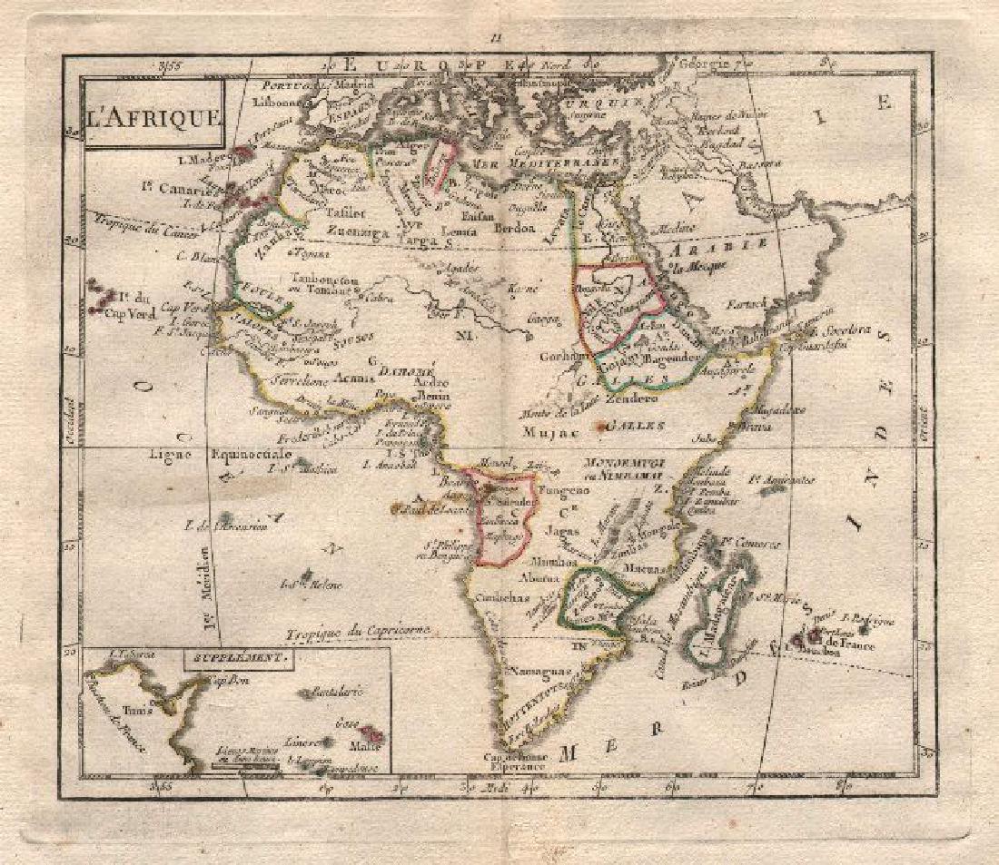 de la Tour: Antique Map of Africa, 1777: Title/Content of Map: 'L'Afrique' Africa 'Zimbaoe'. The river Niger is shown without outlet into the sea Date Printed: 1777 Image Size: Approx 18.5 x 16.5cm, 7.25 x 6.25 inches (Medium); Please note t