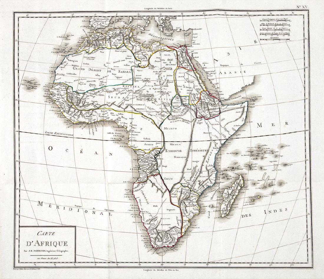 Poirson: Antique Map of Africa, 1803: Map: Carte d'Afrique Cartographer: Poirson/Tardieu Place & Date: Paris / 1803/1804 Size: 17 5/8" x 15 3/8" Condition: folding map; outline color; very light overall age toning; some wrinkling along fo