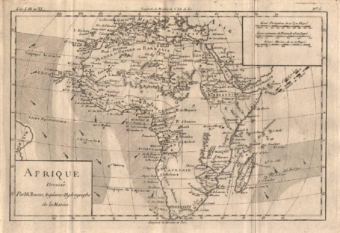 Bonne: Antique Map of Africa showing Trade Wings, 1780: Title/Content of Map: 'Afrique' A map of Africa, showing the trade winds Date Printed: 1780 Image Size: Approx 23.0 x 34.0cm, 9 x 13.25 inches (Large); Please note that this is a folding map. Type: An